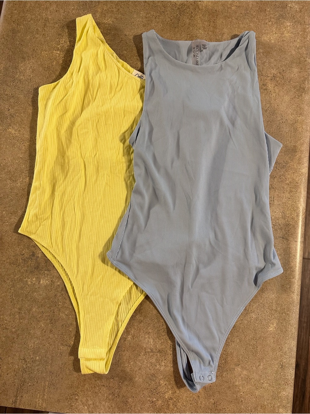 Women’s Ribbed One-Piece Bodysuit - Yellow and Light Blue